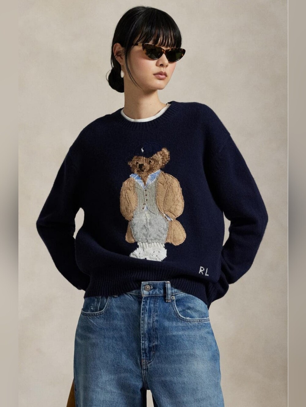 🐻 Polo by Ralph Lauren Navy Wool Cashmere Crewneck Sweater with Bear Intarsia S - Picture 3 of 16